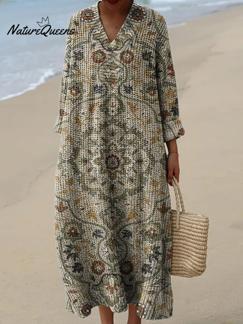 Ethnic Style Patterns Art Print Knitted V-neck Dress