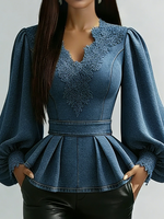 Elegant Lace-paneled Ruffled Hem Denim Shirt