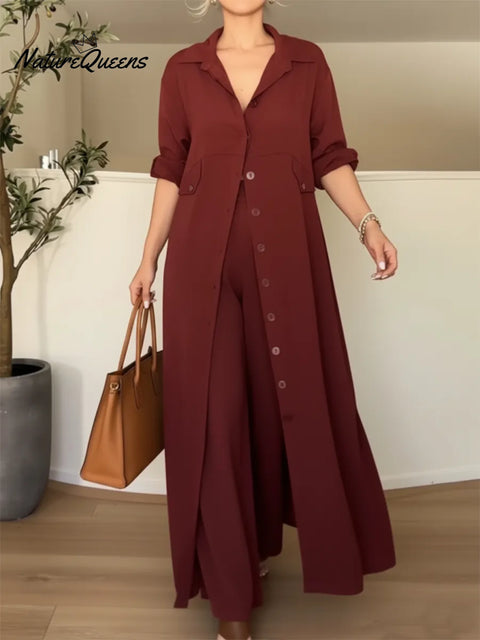 Women's Elegant Long Shirt And Trousers Two-piece Set