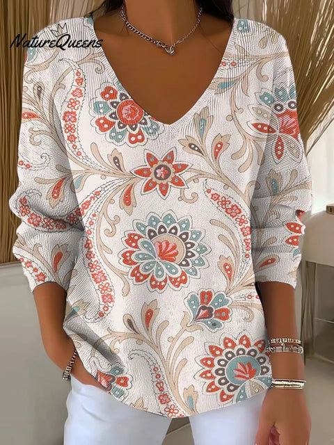 Women's Floral Pattern Art Print Casual V-Neck Sweater