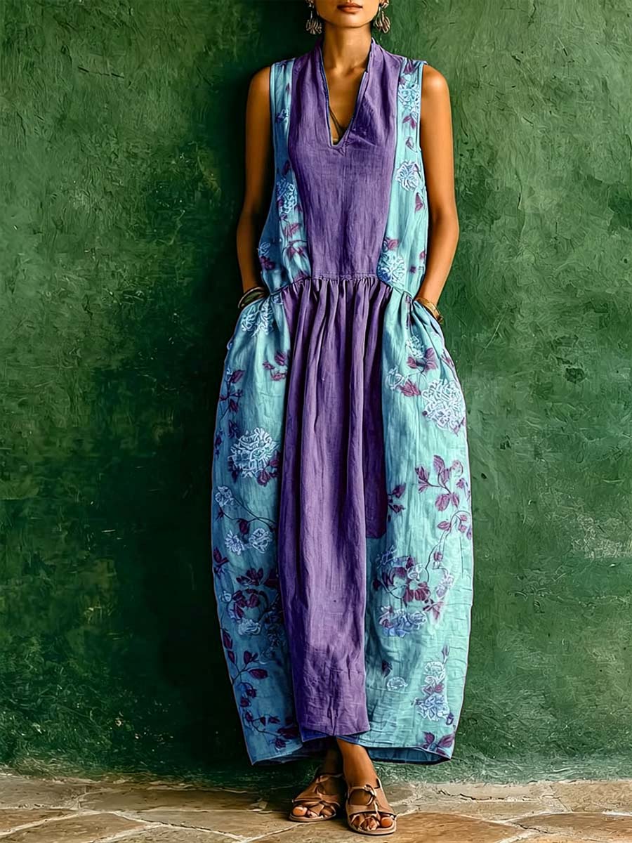 Women's Vintage-print Patchwork V-neck Sleeveless Loose-fit Cotton-linen Casual Dress