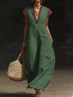 Casual V-neck Color-blocked Dress With Large Patch Pockets