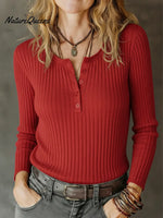 Women's Stretchy Knitted Cotton Henley Top