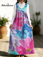 Women's Retro Splicing Colorful Flowers Pattern Art Print Casual Cotton Denim Dress