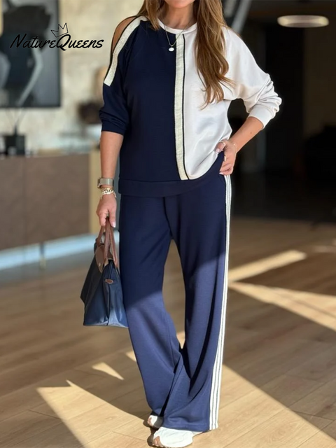 Casual Travel Colorblock Sweatshirt And Pants Two-piece Set