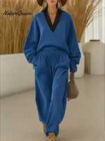 Women's Color Block V-neck Long-sleeve Casual Loose Sweatshirt With Elastic Waist And Wide-leg Pants Set