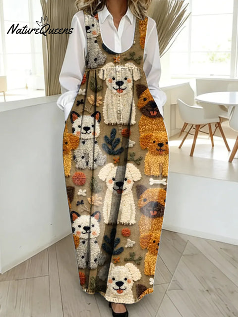 Women's Cute Dogs Art Print Casual Cotton Denim Dress