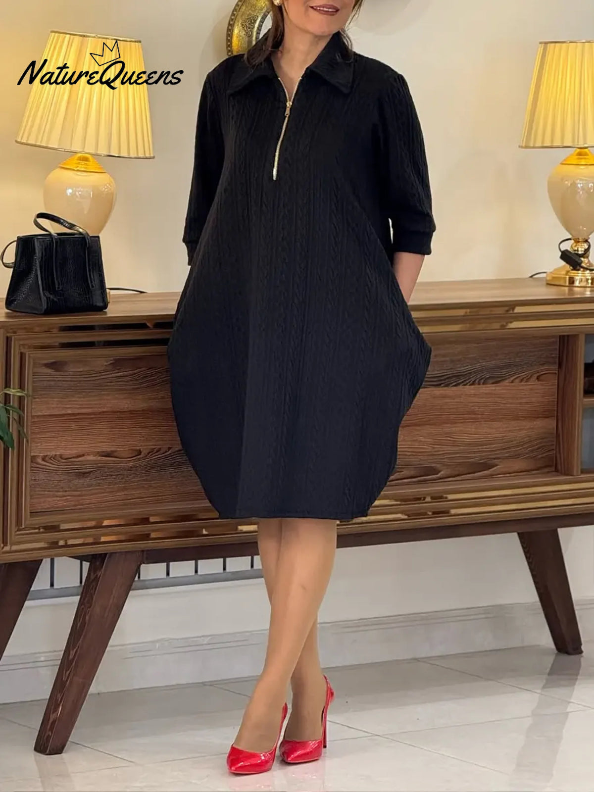 Women's Solid Color Cardigan Collar Three-quarter Sleeve Casual Loose Knit Dress