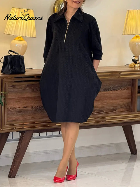 Women's Solid Color Cardigan Collar Three-quarter Sleeve Casual Loose Knit Dress