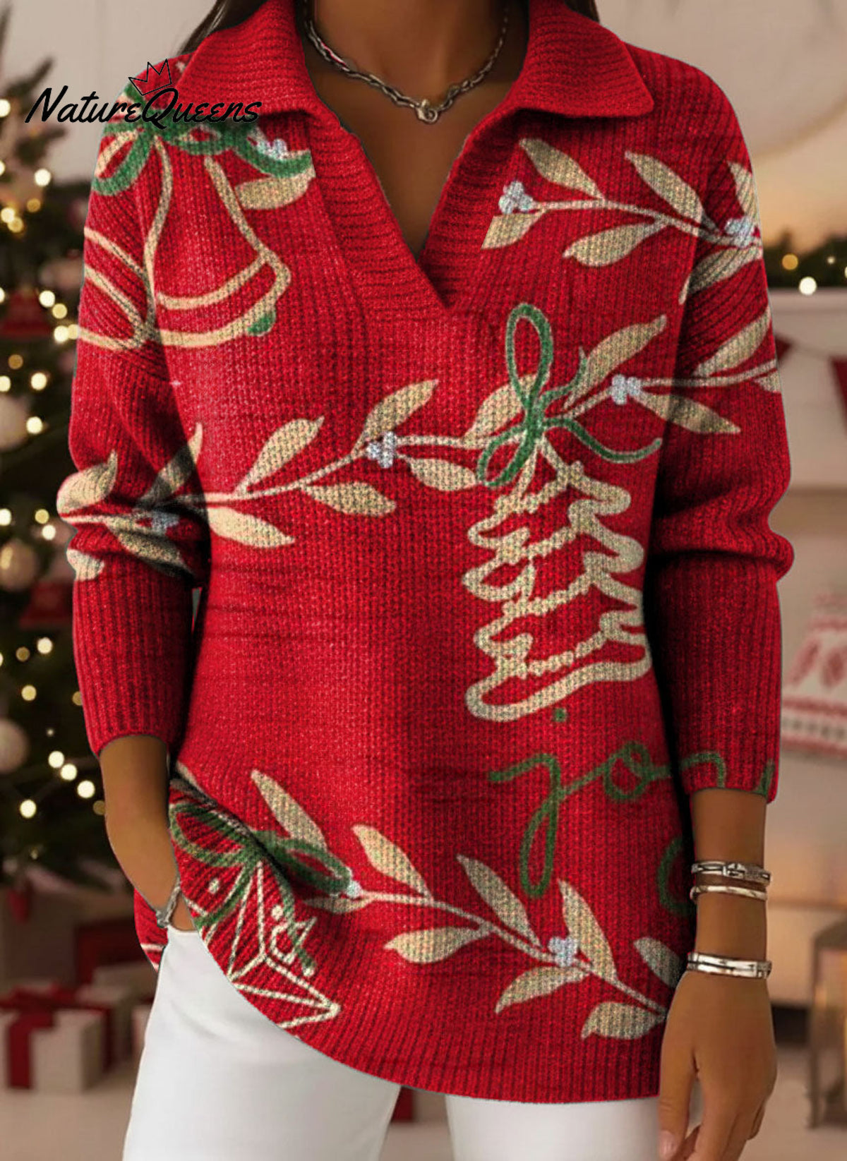 Retro Christmas Bell Snowflake Art Pattern Polo Collar Shiny Loose Sweater Top