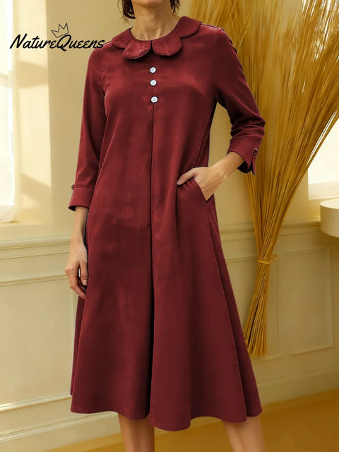 Women's Solid Color Petal Collar Long Sleeve Casual Loose Velvet Dress