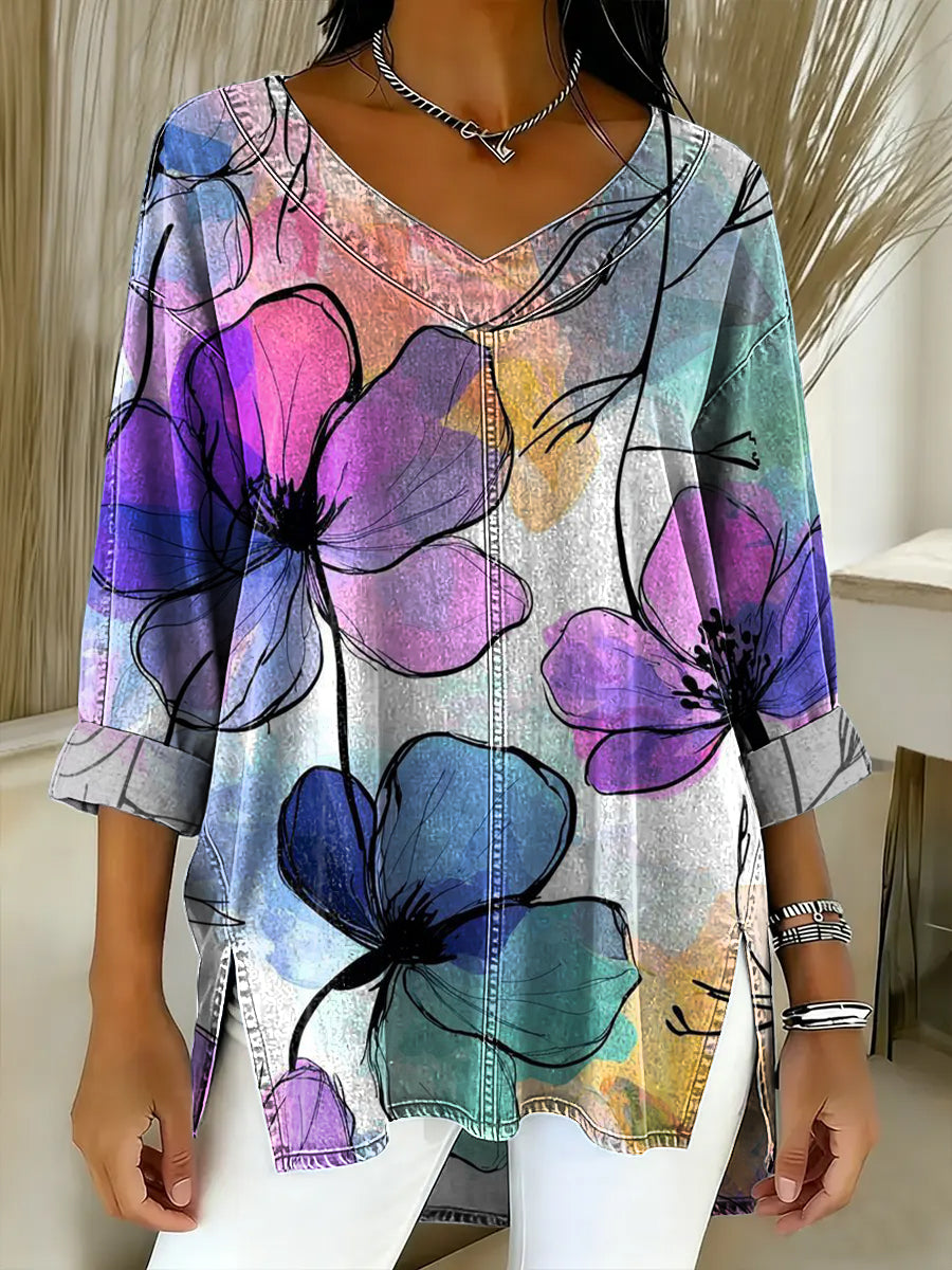 Women's Watercolor Flowers Print Casual Denim Shirt