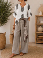 Women's Retro Geometric Print V-neck 3/4-sleeve Loose-fit Cotton-linen Top & Solid High-waisted Wide-leg Pants Set