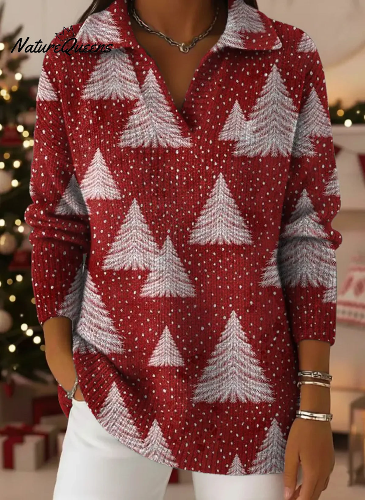 Red Christmas Print Lapel Casual Knit Sweater