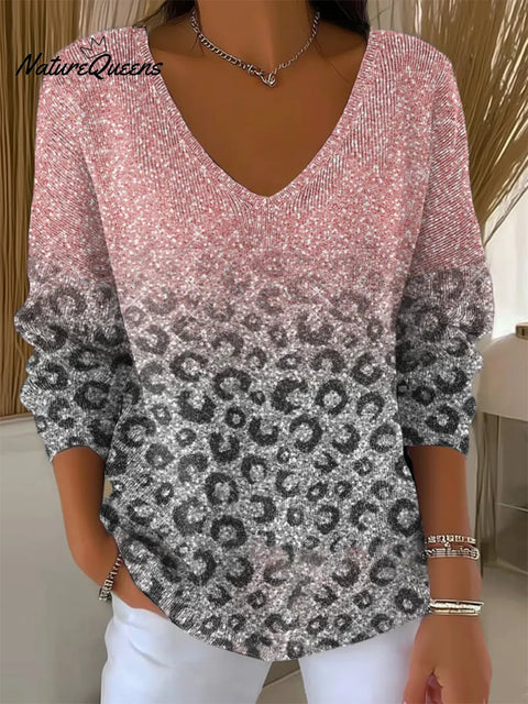 Women's Retro Gradient Leopard  Print V-neck  Loose  Sweater