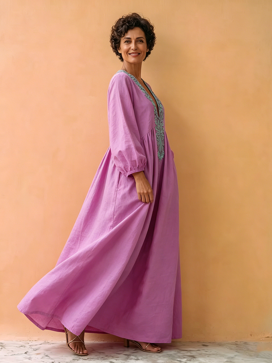 Boho Artistic Print Cotton-linen Maxi Dress