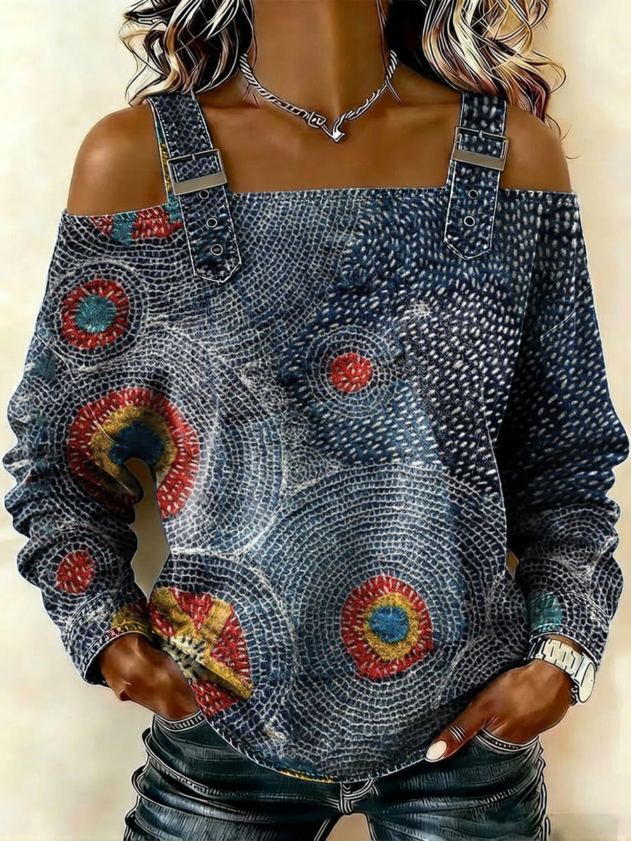 Women's Vintage Stitch Art Print Casual Denim Camisole Shirt