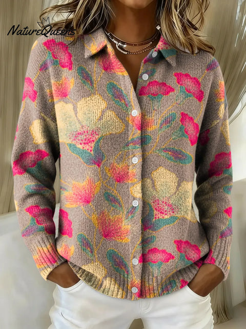 Women's Floral Art Printed Collared Sweater