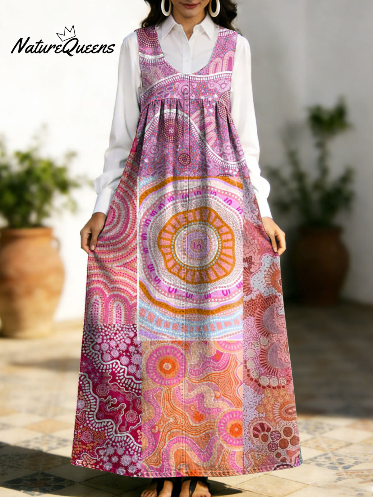 Women's Retro Geometry Colorful Flowers Pattern Art Print Casual Cotton Denim Dress