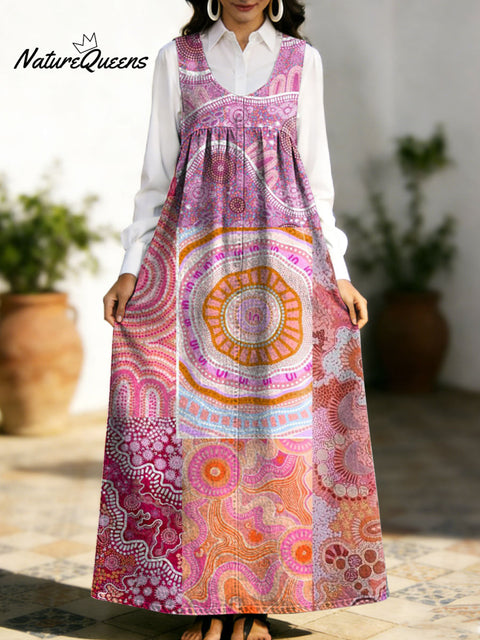 Women's Retro Geometry Colorful Flowers Pattern Art Print Casual Cotton Denim Dress