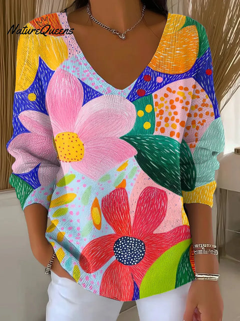 Women's Floral Pattern Art Print Casual V-Neck Sweater