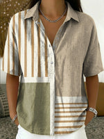 Women's Color-block Loose-fit Casual Cotton-linen Short-sleeve Popover Shirt