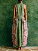 Women's Vintage-print Patchwork V-neck Sleeveless Loose-fit Cotton-linen Casual Dress