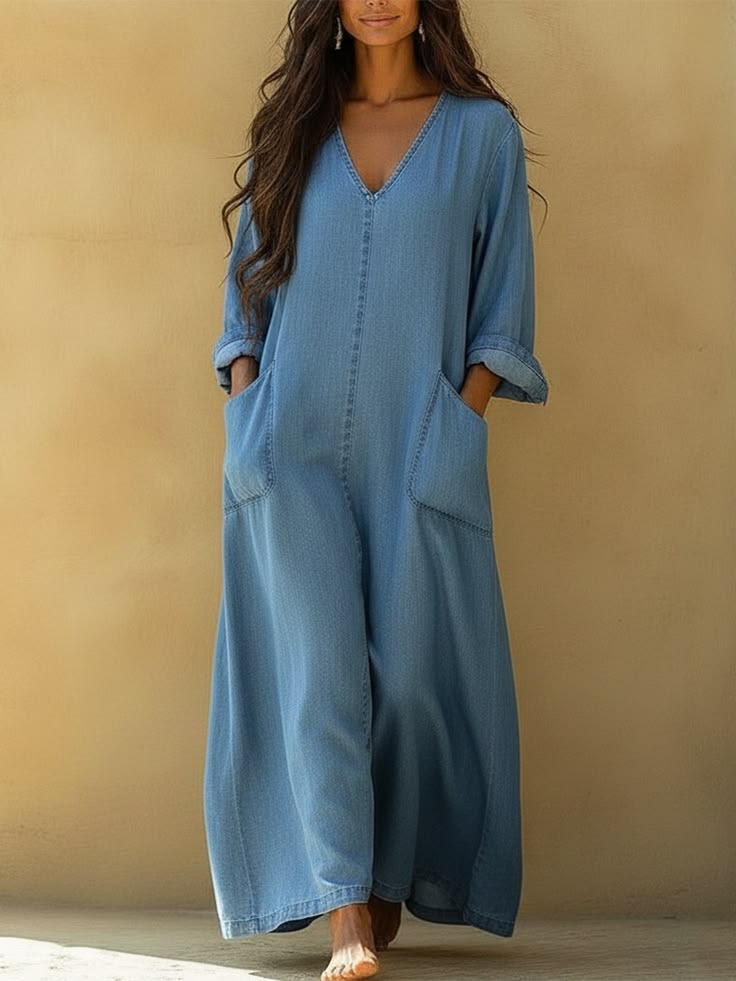 Women's Comfortable V-neck Pure Cotton Denim Jumpsuit With Pockets