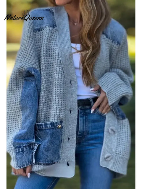 Women's Casual Loose Patchwork Denim Cardigan Sweater