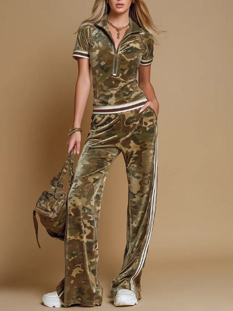 Casual Sports Camouflage Top And Wide-leg Pants Two-piece Set