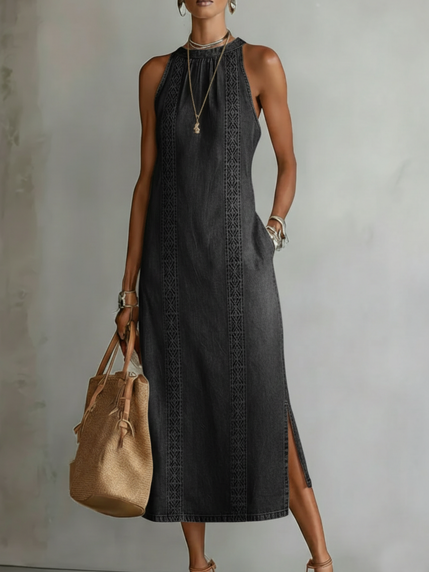 Retro Cozy Lace Print Denim Midi Dress