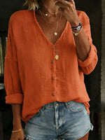Women's Cotton Linen Loose Solid Color Long-sleeved Shirt