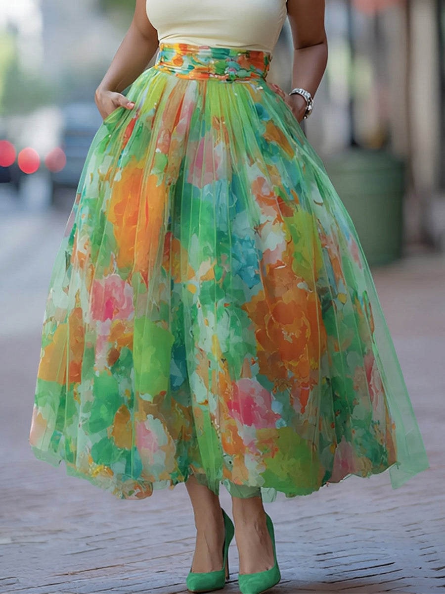 Artistic Watercolor Print Mesh-paneled Skirt