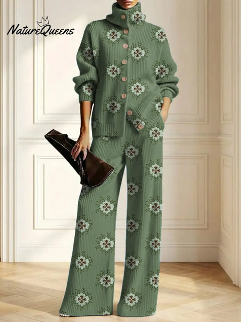 Women's Floral Pattern Art Print Casual Cotton Knitted Suits