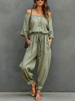 Off-the-shoulder, 3/4-sleeve, Drawstring-waist, Cotton-linen Jumpsuit With Cuffed Ankles