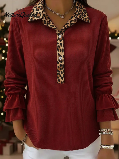 Retro Leopard Print Collared Ruffled Sleeve Pullover