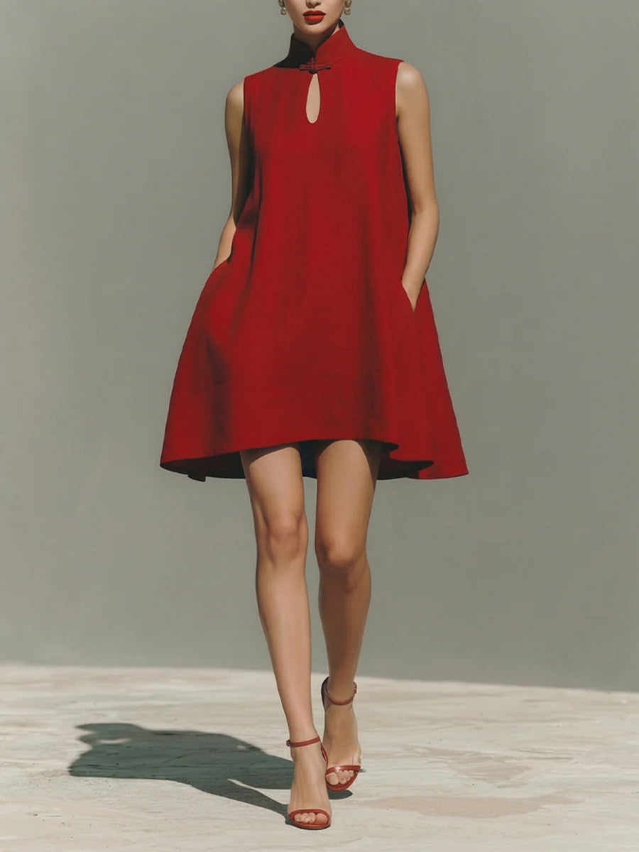 Women's Solid-color Stand-collar Sleeveless Loose-fit Casual Cotton Dress