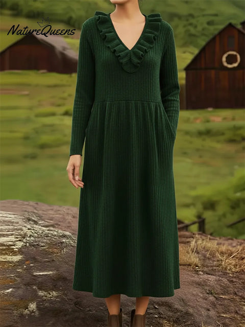 Retro Elegant V-neck Ruffled Knit Midi Dress