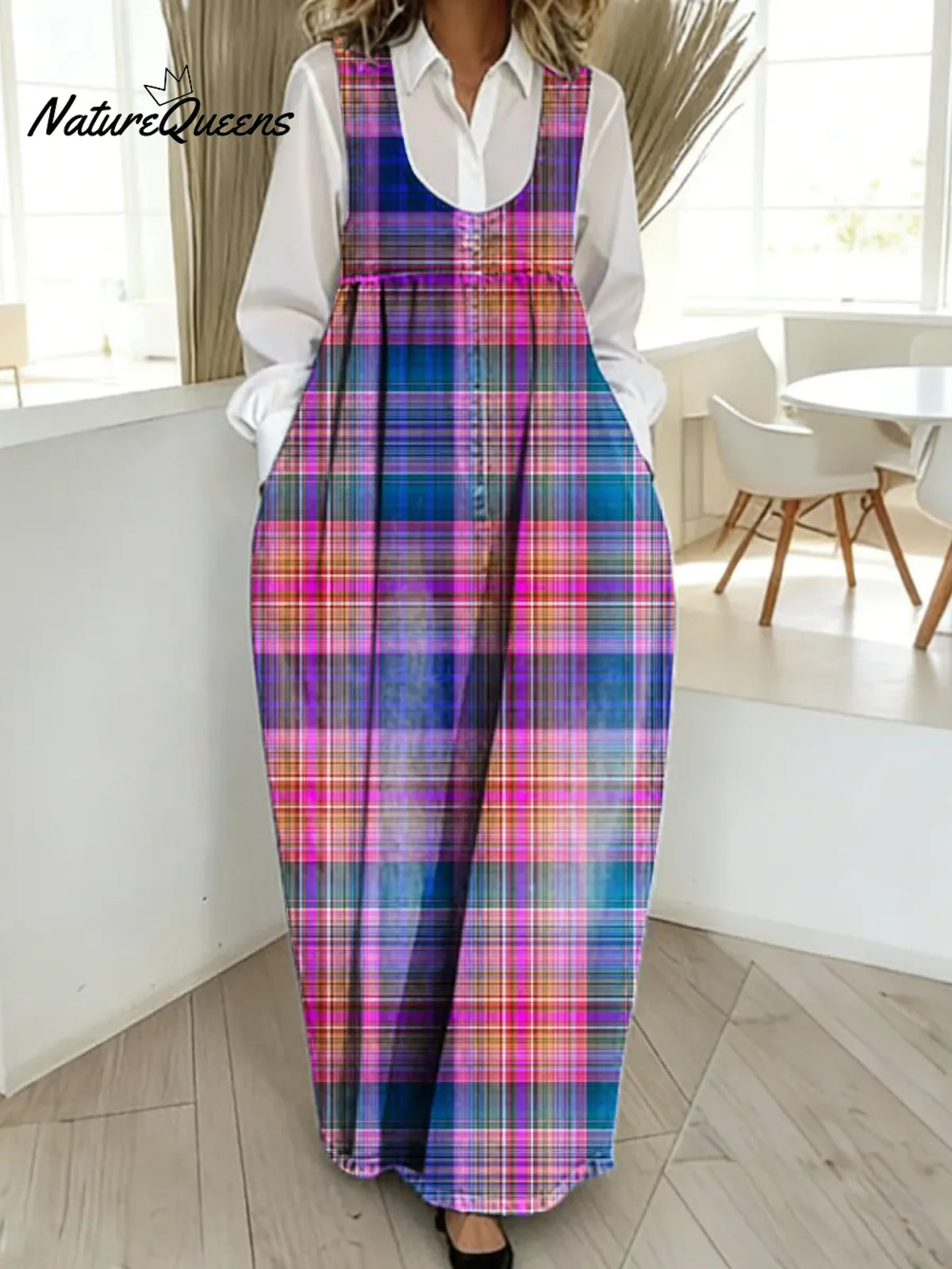 Women's Retro Plaid Art Print Casual Cotton Denim Dress
