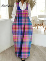 Women's Retro Plaid Art Print Casual Cotton Denim Dress