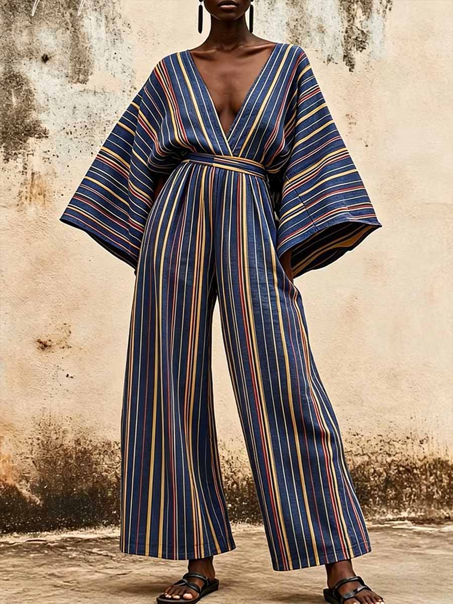 Women's Striped Print V-neck Long-sleeve Casual Loose Wide-leg Jumpsuit