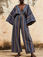 Women's Striped Print V-neck Long-sleeve Casual Loose Wide-leg Jumpsuit