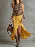 Women's Draped Neck Sleeveless Leopard-print Paneled Dress