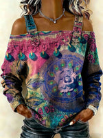 Women‘s Vintage Flowers Pattern Art Print Casual Cotton Denim Shirt