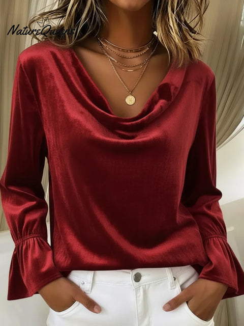 Elegant solid color scarf collar velvet pullover top