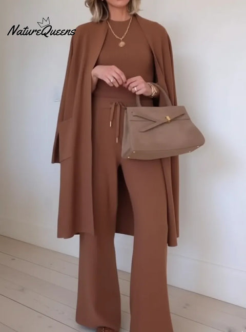 Cozy Casual Travel Knit Cardigan And Pants Three-piece Set