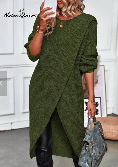 Women's Irregular Hem Round Neck Casual Sweater Dress