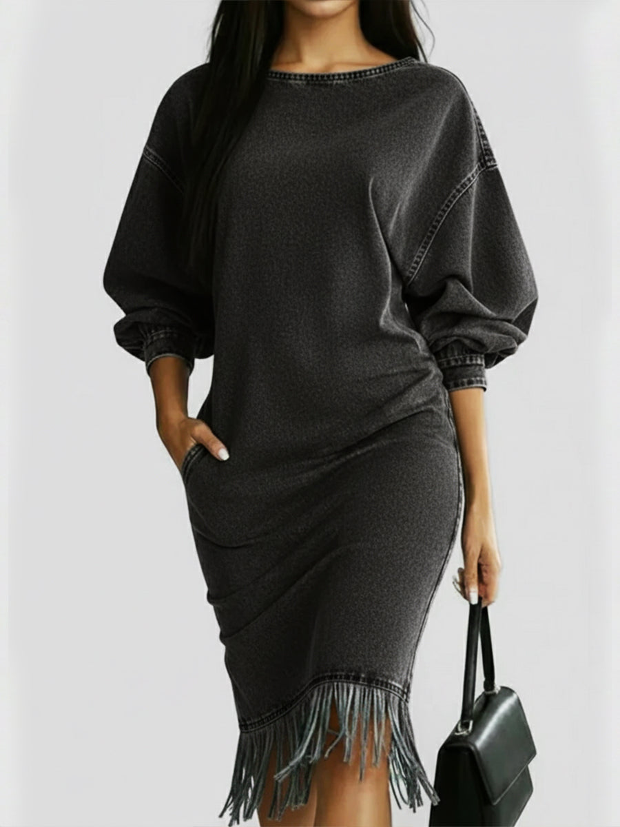 Casual Denim Dress With Tassels