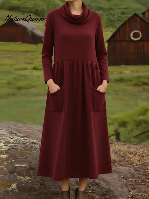 Retro Cowl Collar Pocket Stretch Midi Dress