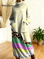 Women's Retro Abstract Geometric Colorful Splicing Patterns Art High-neck Long-sleeve Casual Loose Knit Dress